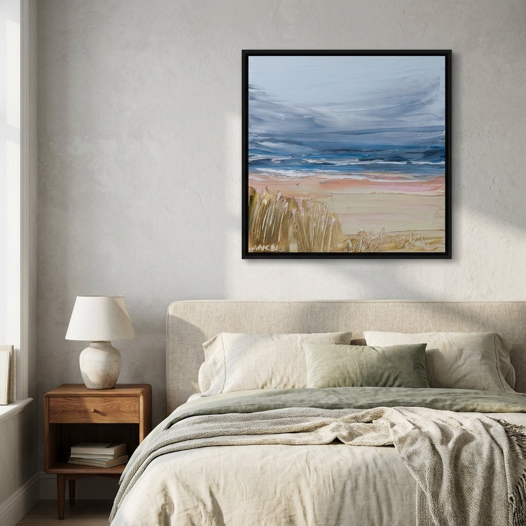 Canvas wall art with a black surround styled in a calm, light-filled bedroom