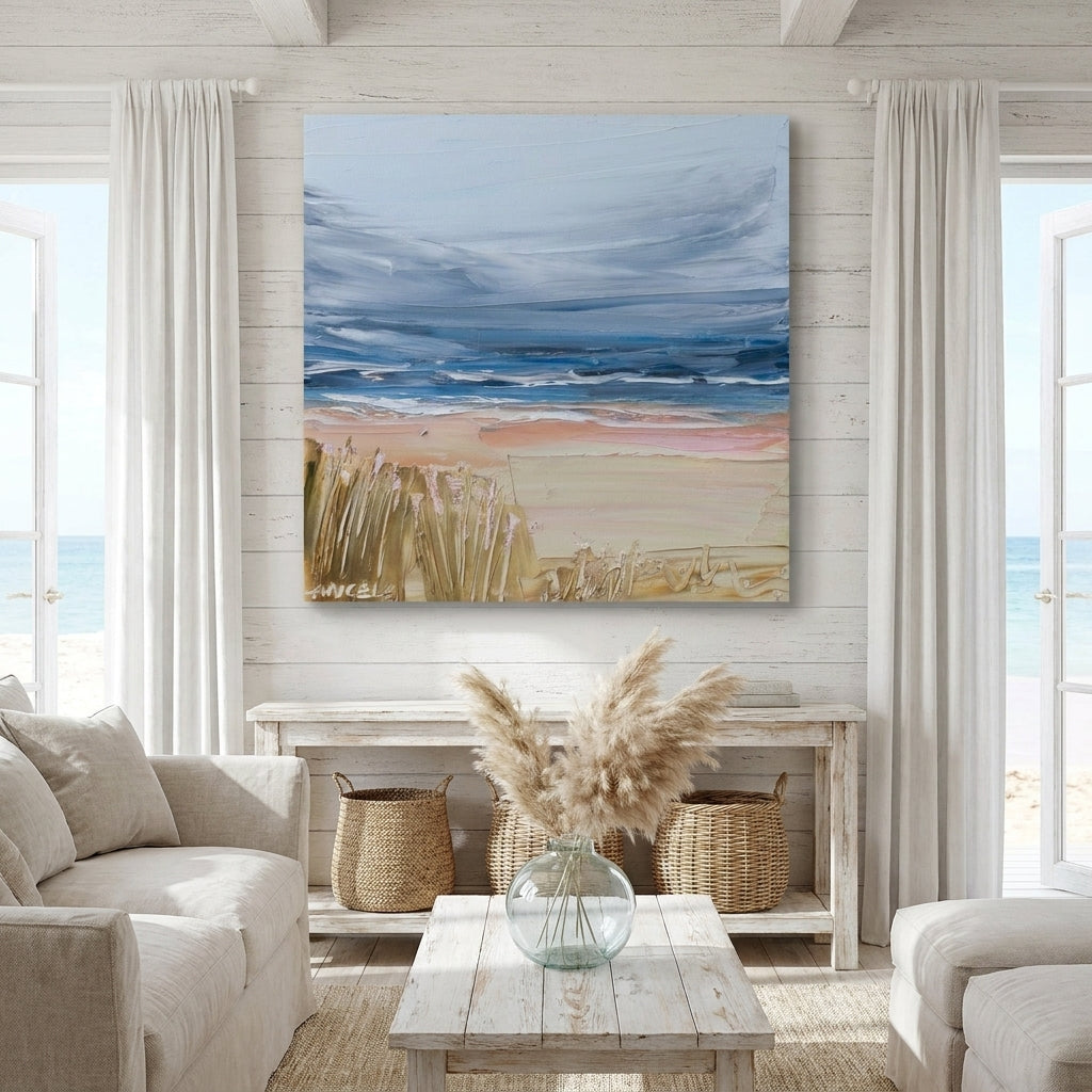 Stretched canvas wall art styled in a sunny coastal beach house