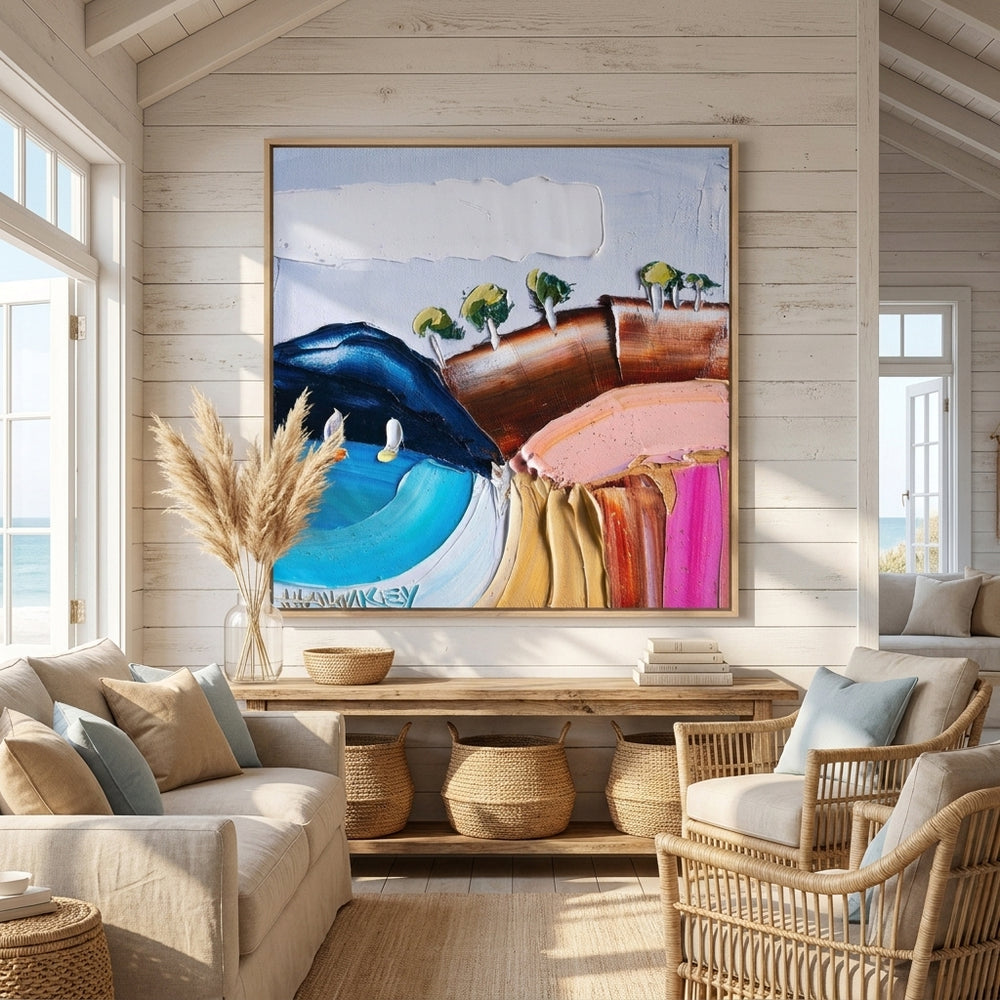 Oversized statement canvas wall art with a natural timber surround styled in a sunny coastal beach house
