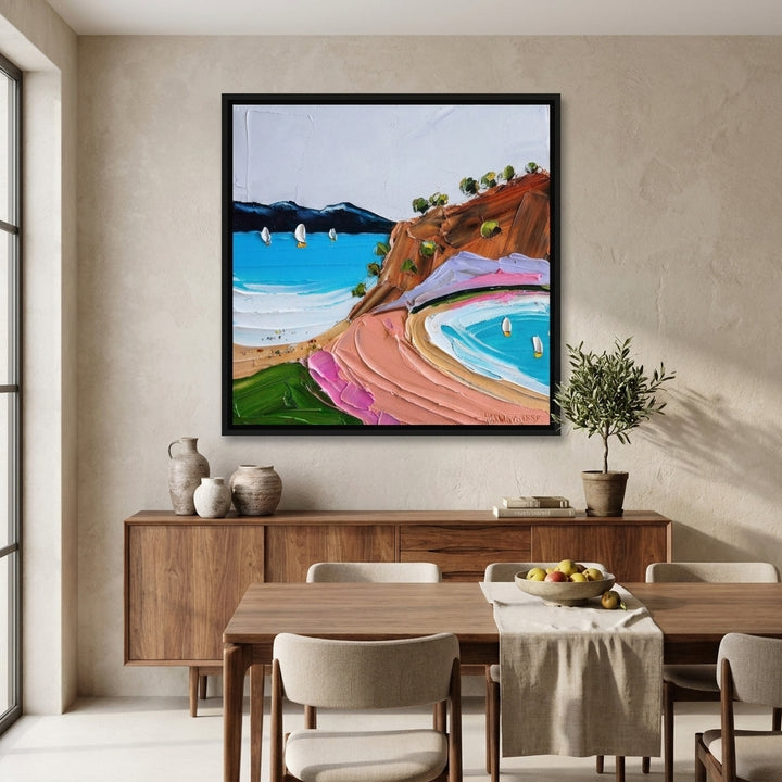 Canvas wall art with a black surround styled in a contemporary dining room
