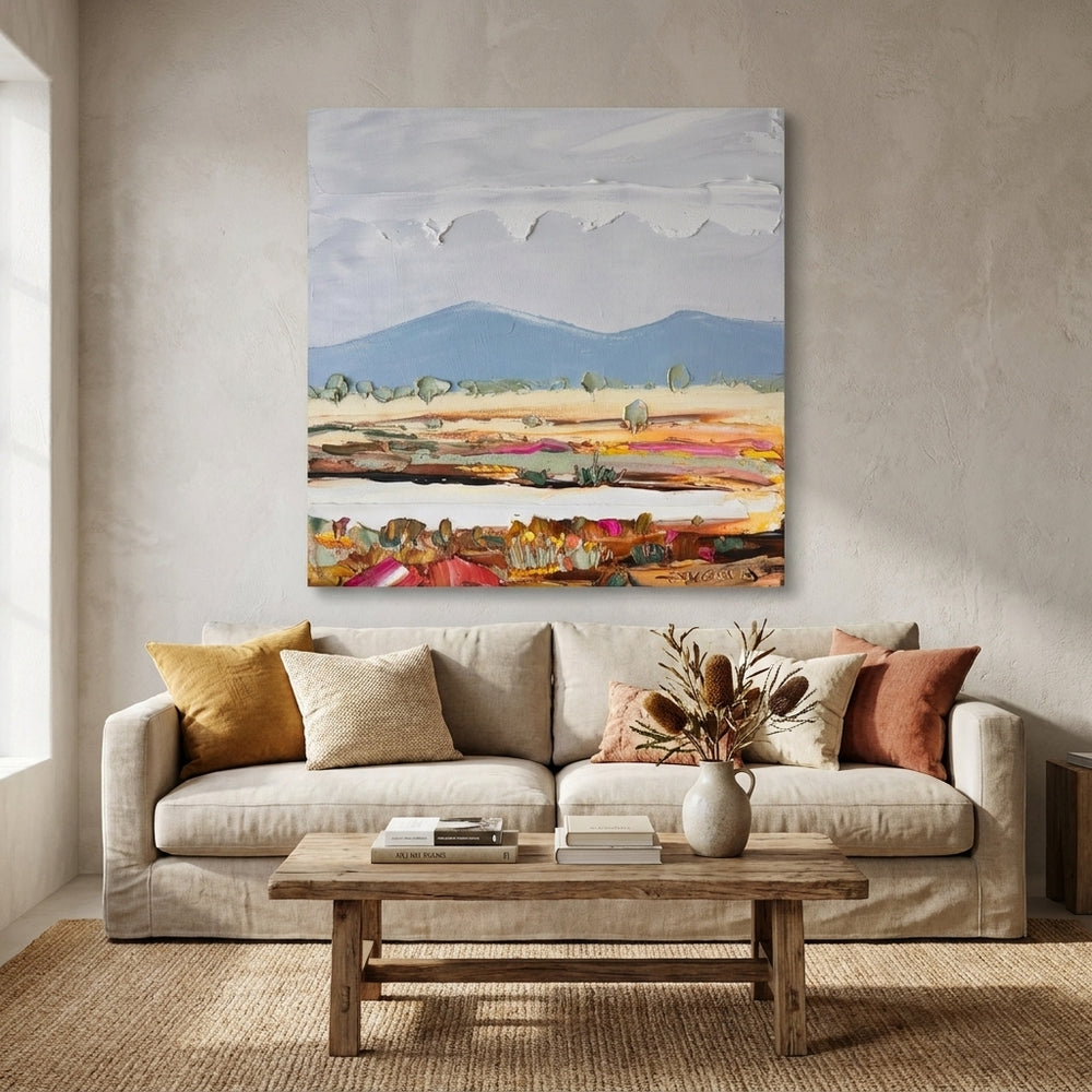 Stretched canvas wall art styled in a neutral living room