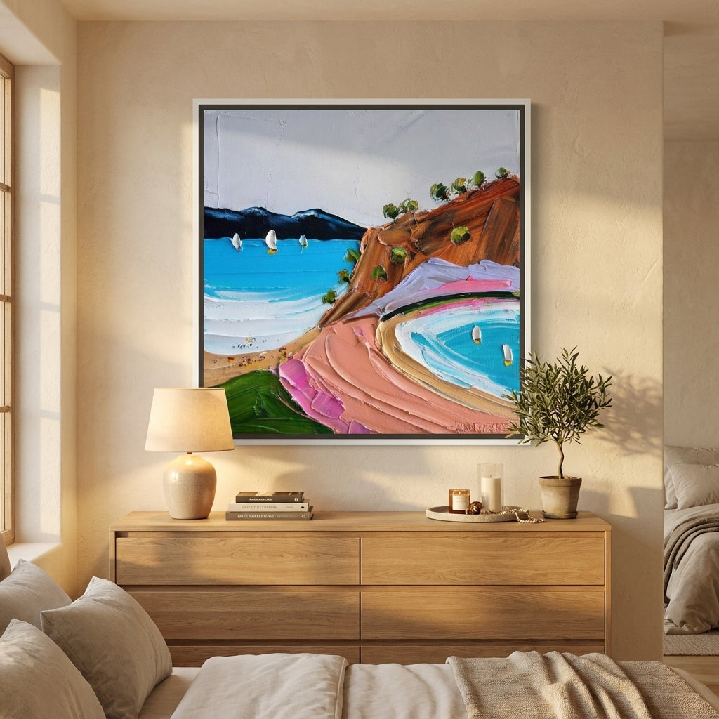 Canvas wall art with a white surround styled in a calm, light-filled bedroom