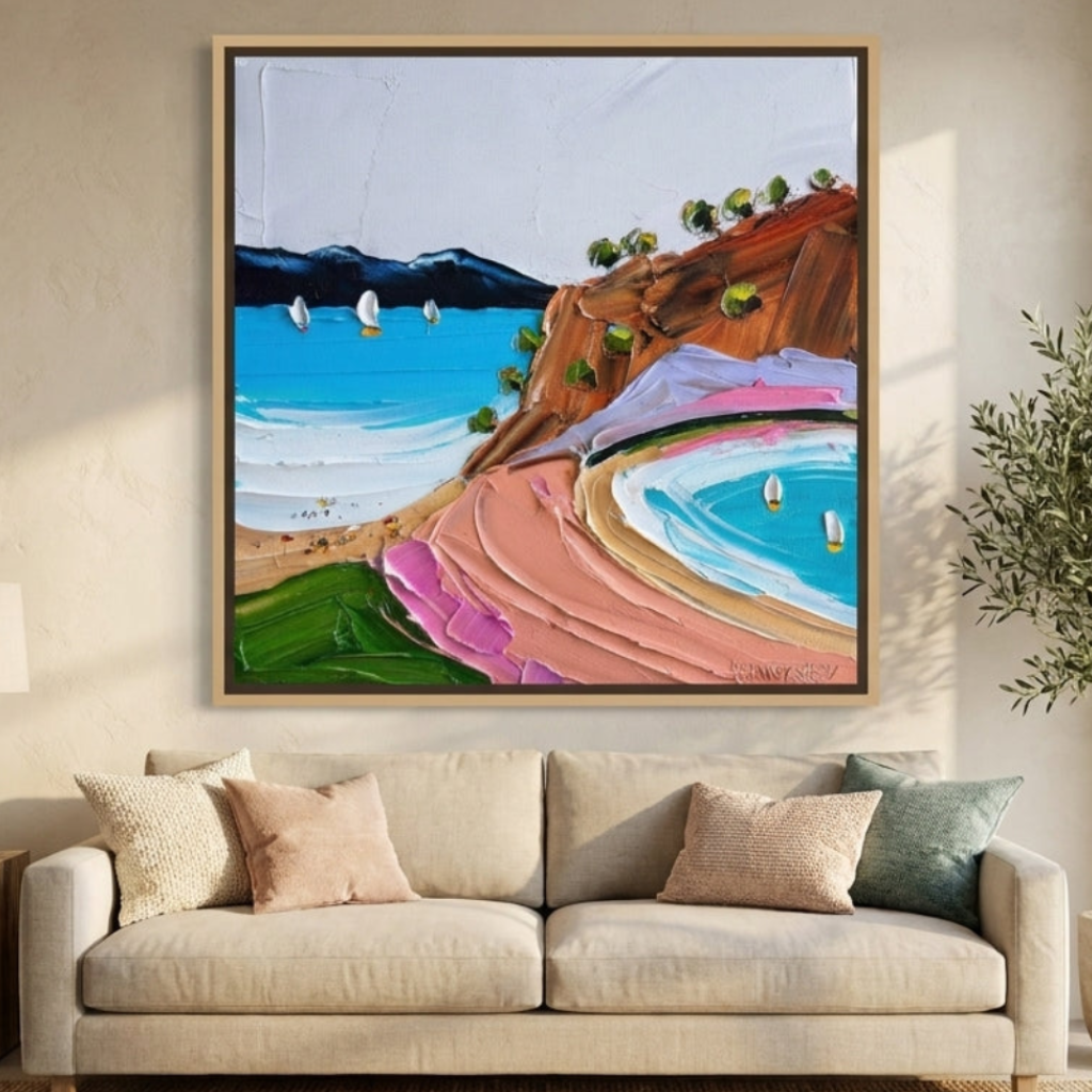 Oversized statement canvas wall art with a natural timber surround styled in a neutral living room