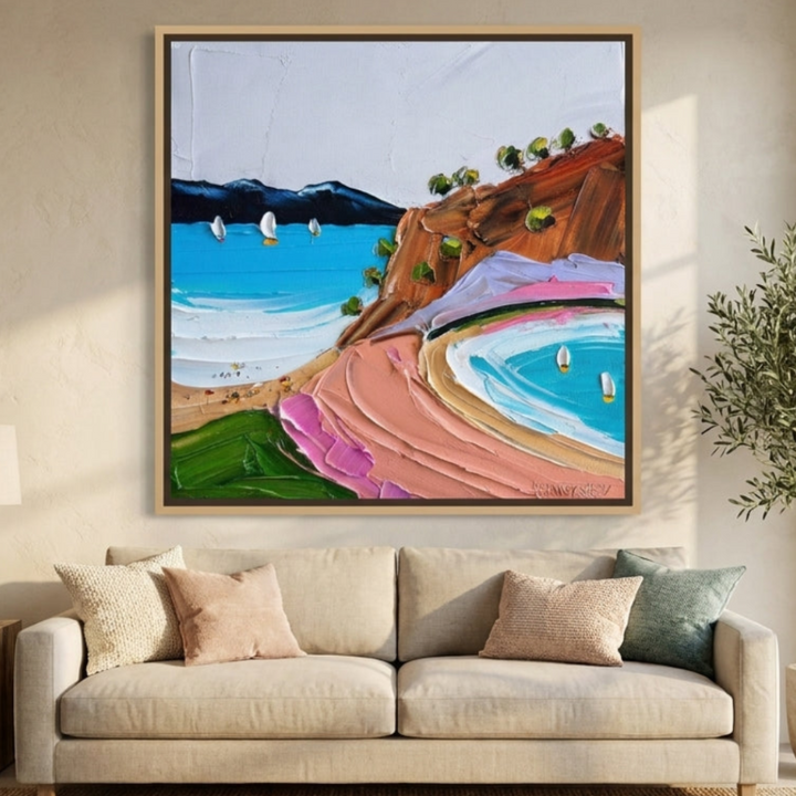 Oversized statement canvas wall art with a natural timber surround styled in a neutral living room