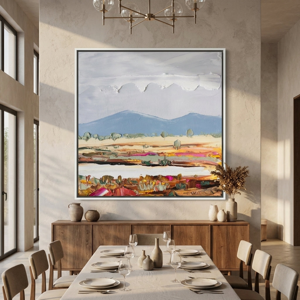 Oversized statement canvas wall art with a white surround styled in a contemporary dining room
