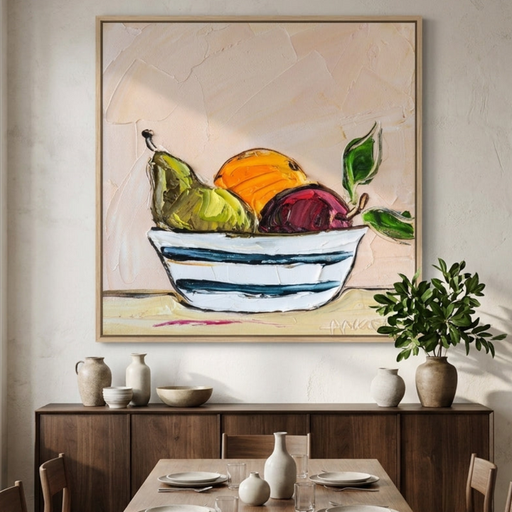 Oversized statement canvas wall art with a natural timber surround styled in a contemporary dining room