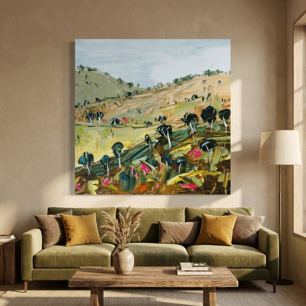 Stretched canvas wall art styled in a neutral living room