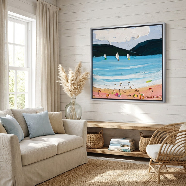 Canvas wall art with a silver leaf surround styled in a sunny coastal beach house
