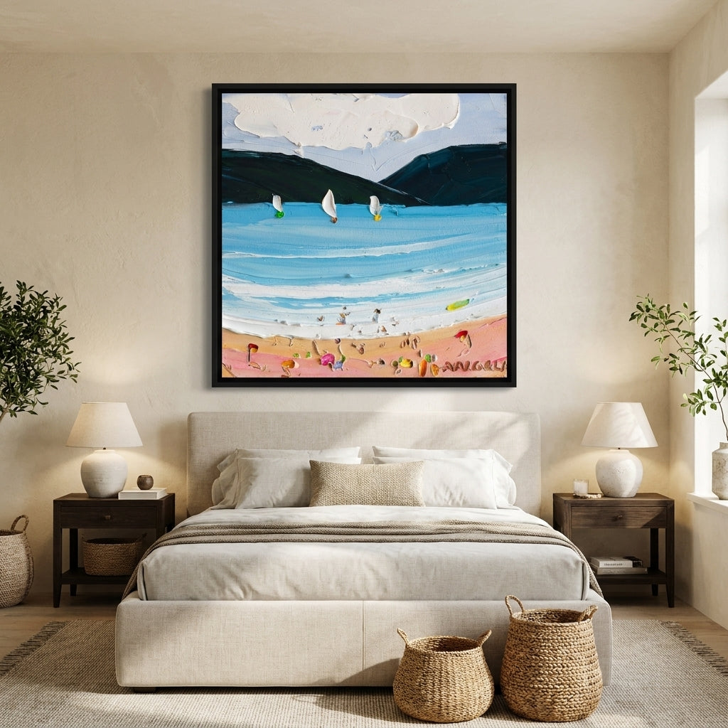 Canvas wall art with a black surround styled in a calm, light-filled bedroom