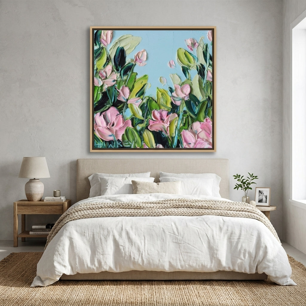 Canvas wall art with a natural timber surround styled in a calm, light-filled bedroom