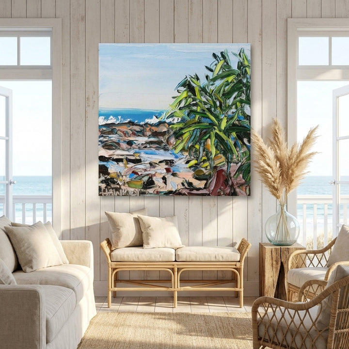 Stretched canvas wall art styled in a sunny coastal beach house