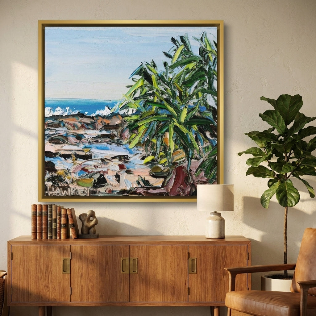 Canvas wall art with a gold leaf surround styled in a bright modern office