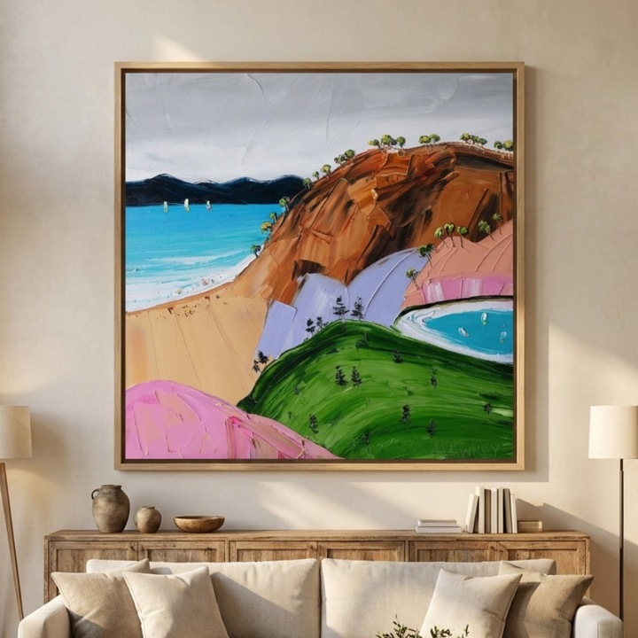 Oversized statement canvas wall art with a natural timber surround styled in a neutral living room