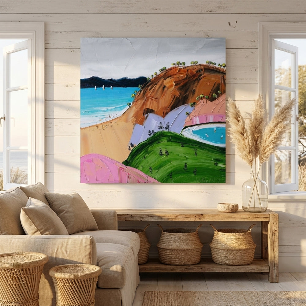 Stretched canvas wall art styled in a sunny coastal beach house