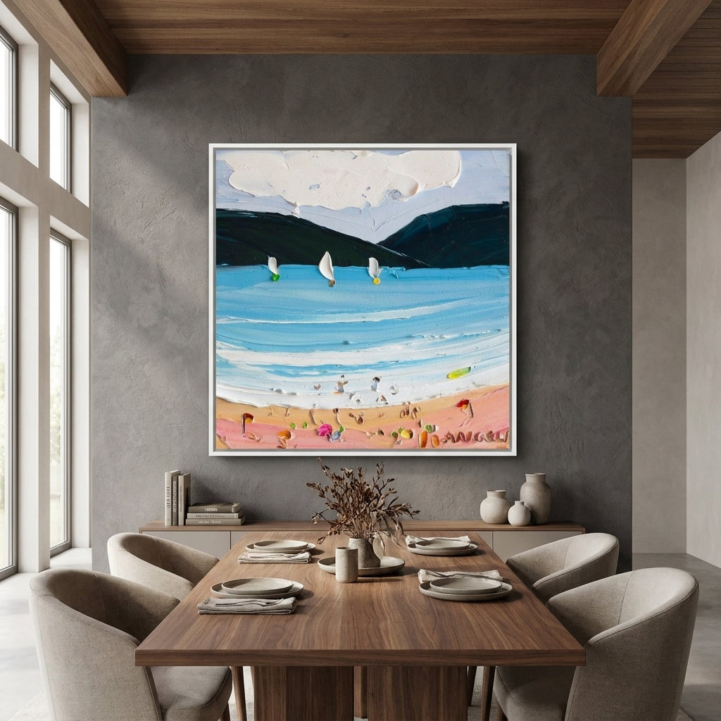 Oversized statement canvas wall art with a white surround styled in a contemporary dining room