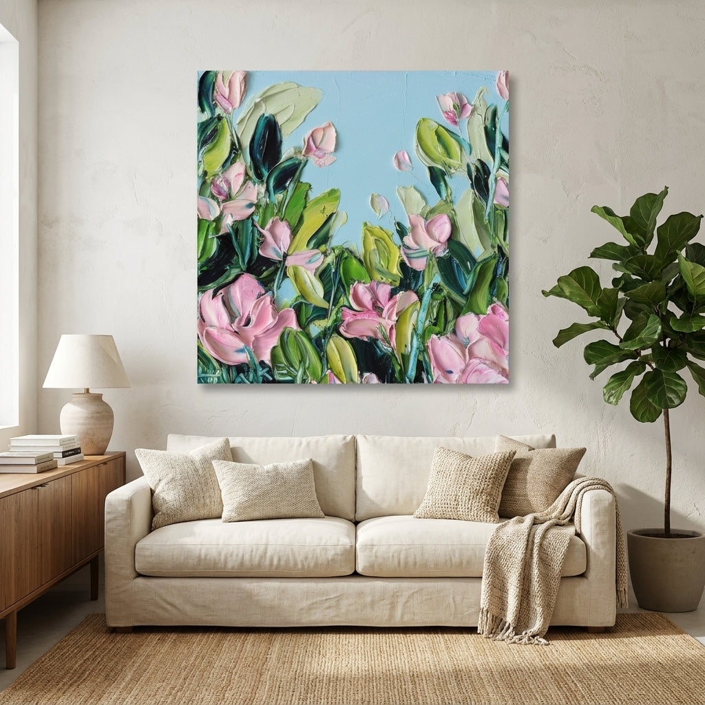 Stretched canvas wall art styled in a neutral living room