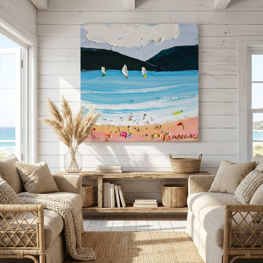 Stretched canvas wall art styled in a sunny coastal beach house