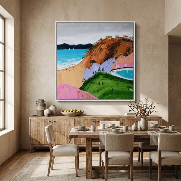 Oversized statement canvas wall art with a white surround styled in a contemporary dining room