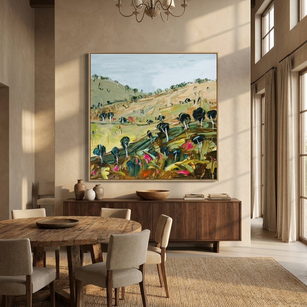 Oversized statement canvas wall art with a natural timber surround styled in a contemporary dining room