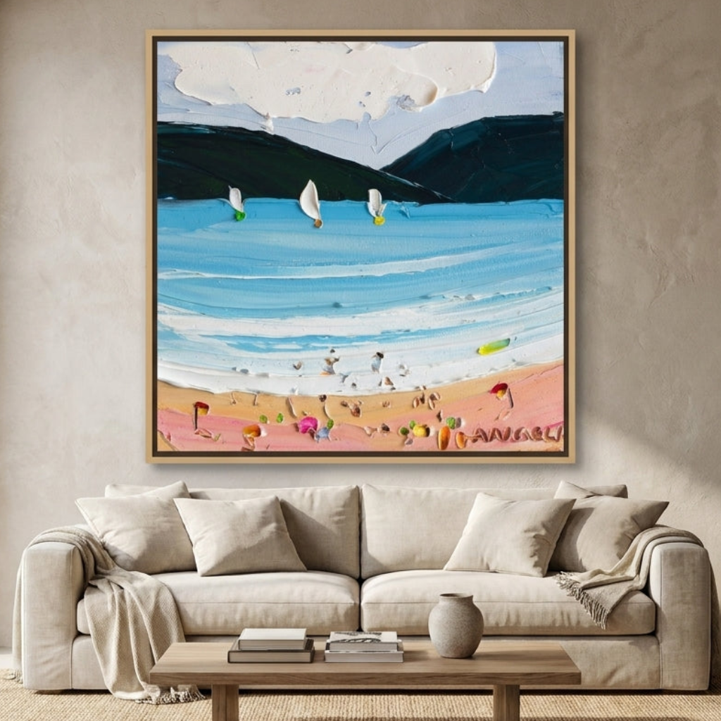 Oversized statement canvas wall art with a natural timber surround styled in a neutral living room