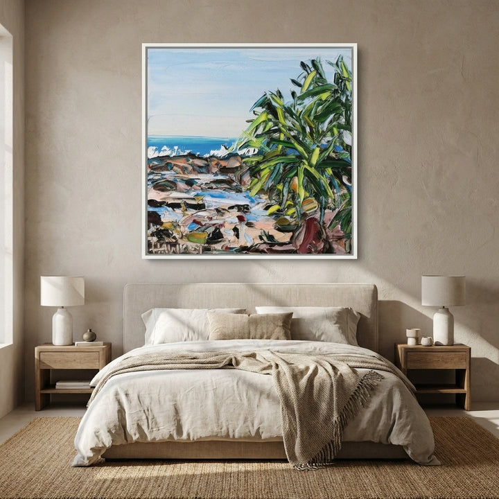 Canvas wall art with a white surround styled in a calm, light-filled bedroom