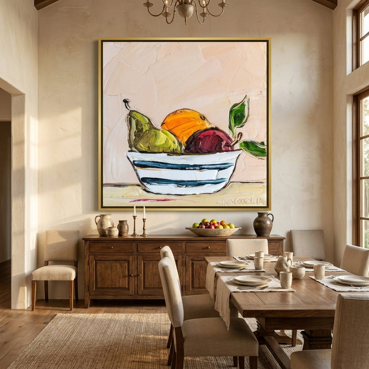 Oversized statement canvas wall art with a gold leaf surround styled in a contemporary dining room