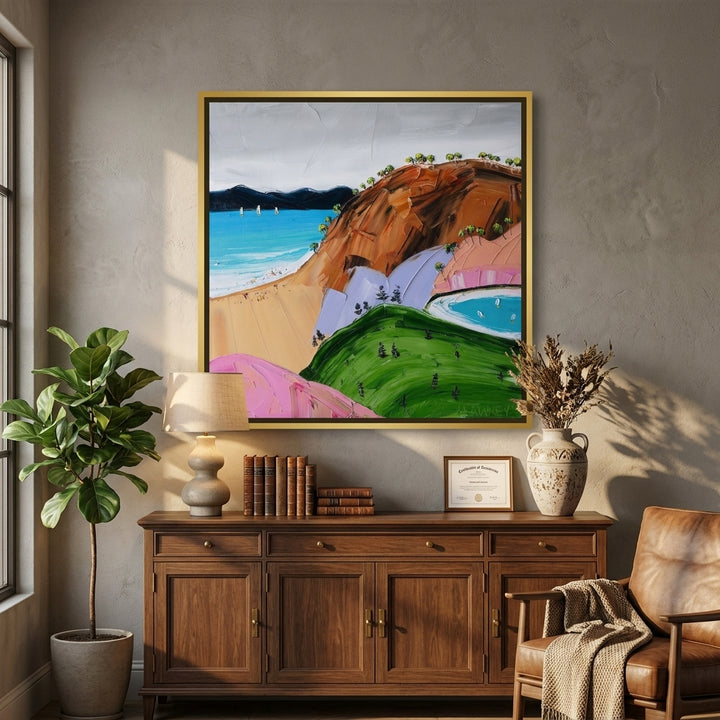 Canvas wall art with a gold leaf surround styled in a bright modern office