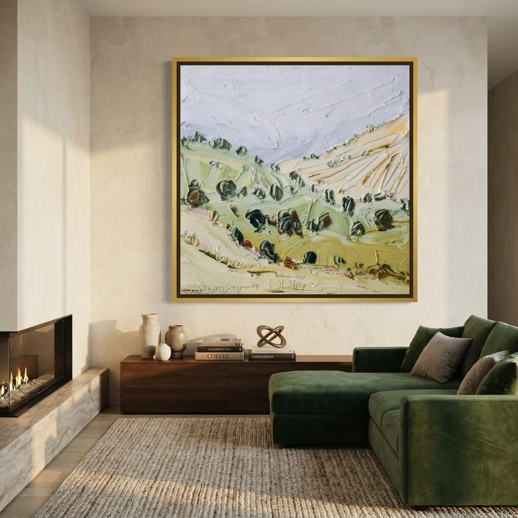 Canvas wall art with a gold leaf surround styled in a luxe interior