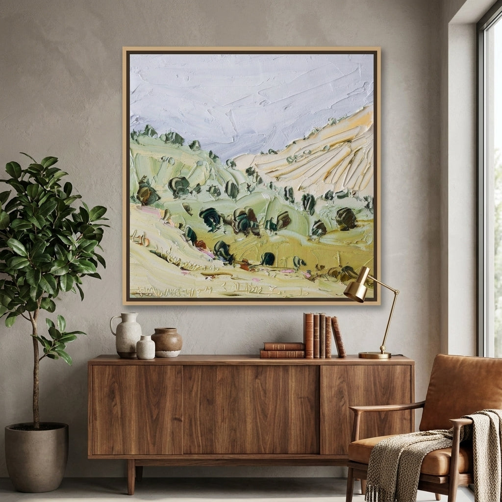 Canvas wall art with a natural timber surround styled in a bright modern office