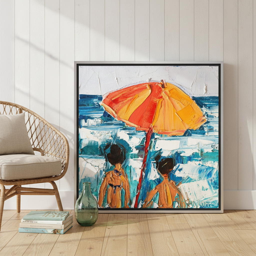 Canvas wall art with a silver leaf surround leaning against the wall in a coastal living room