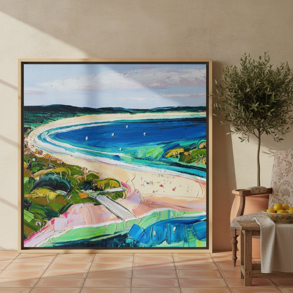 Oversized statement canvas wall art with a natural timber surround leaning against the wall in a Mediterranean living room