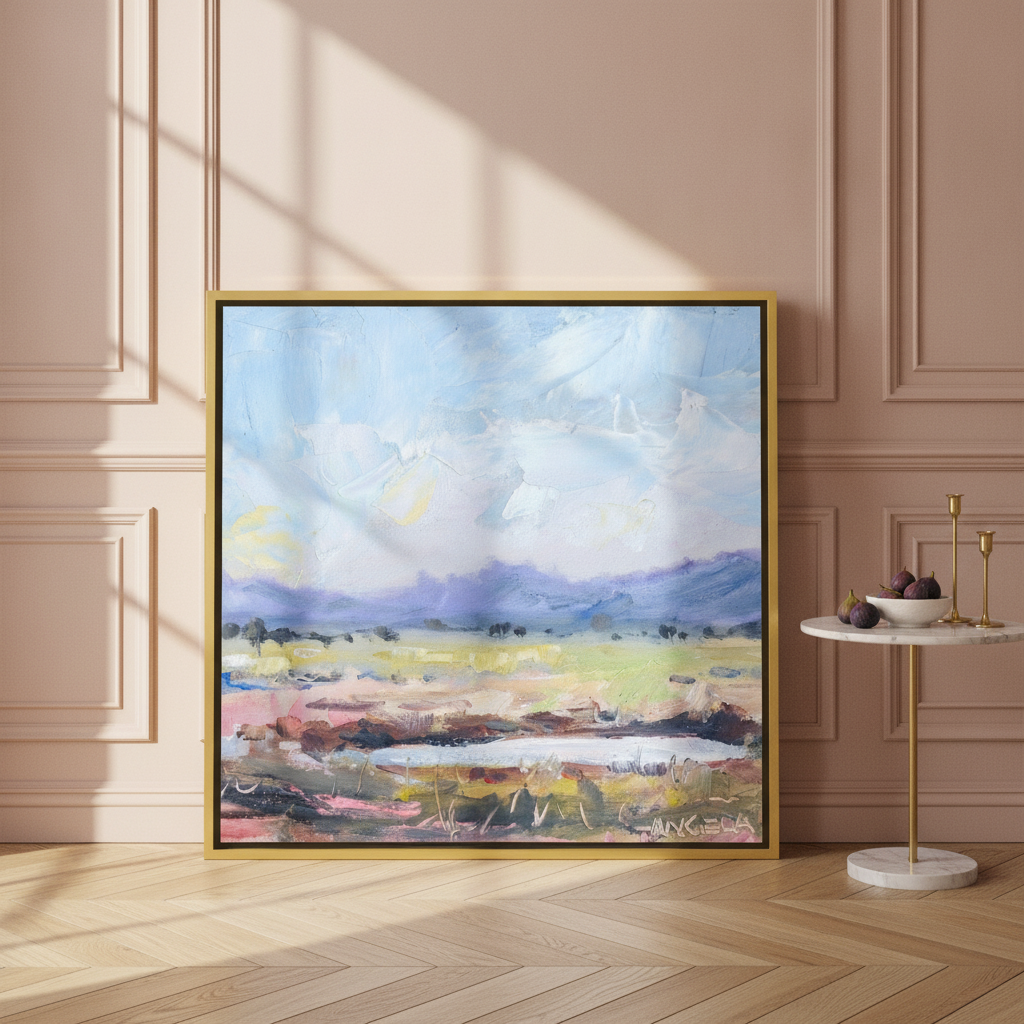 Canvas wall art with a gold leaf surround leaning against the wall in a Parisian living room