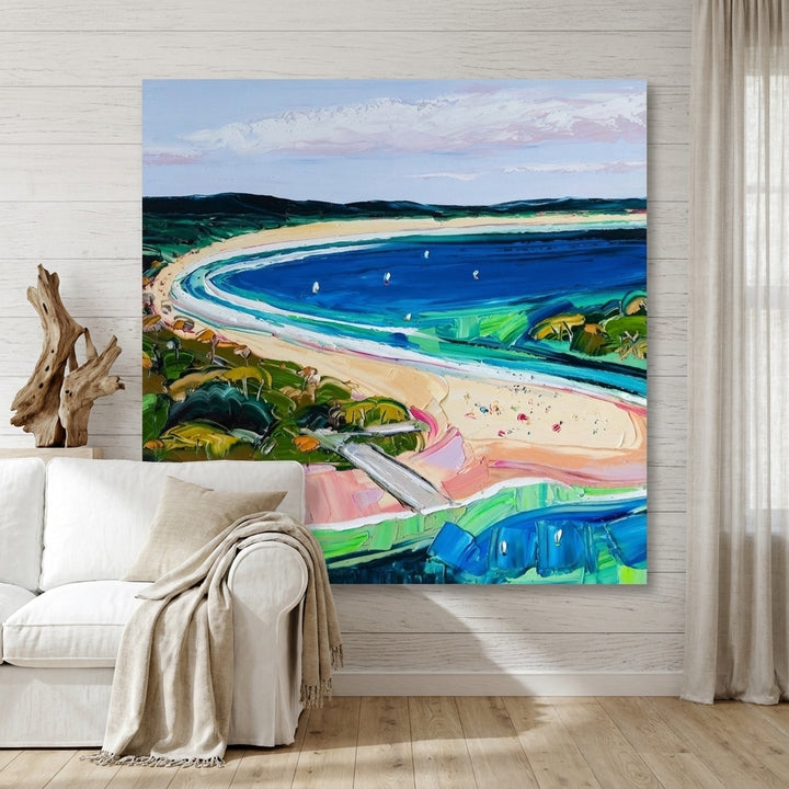 Stretched canvas wall art styled on the wall in a coastal living room