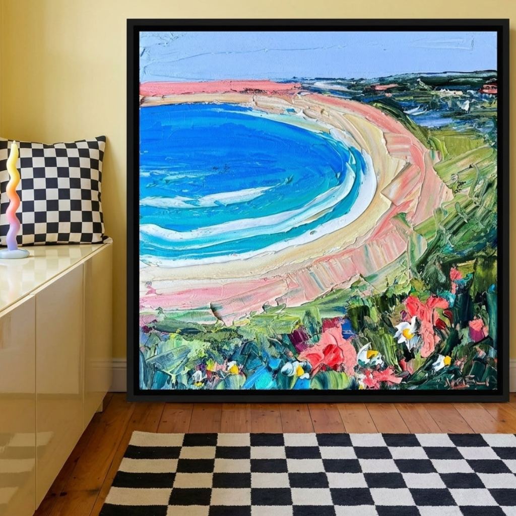 Canvas wall art with a black surround standing on a sideboard in a colourful eclectic dining room