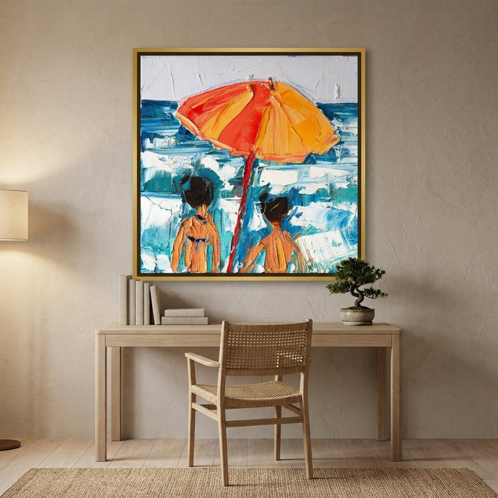 Canvas wall art with a gold leaf surround styled on the wall in a warm Japandi home office