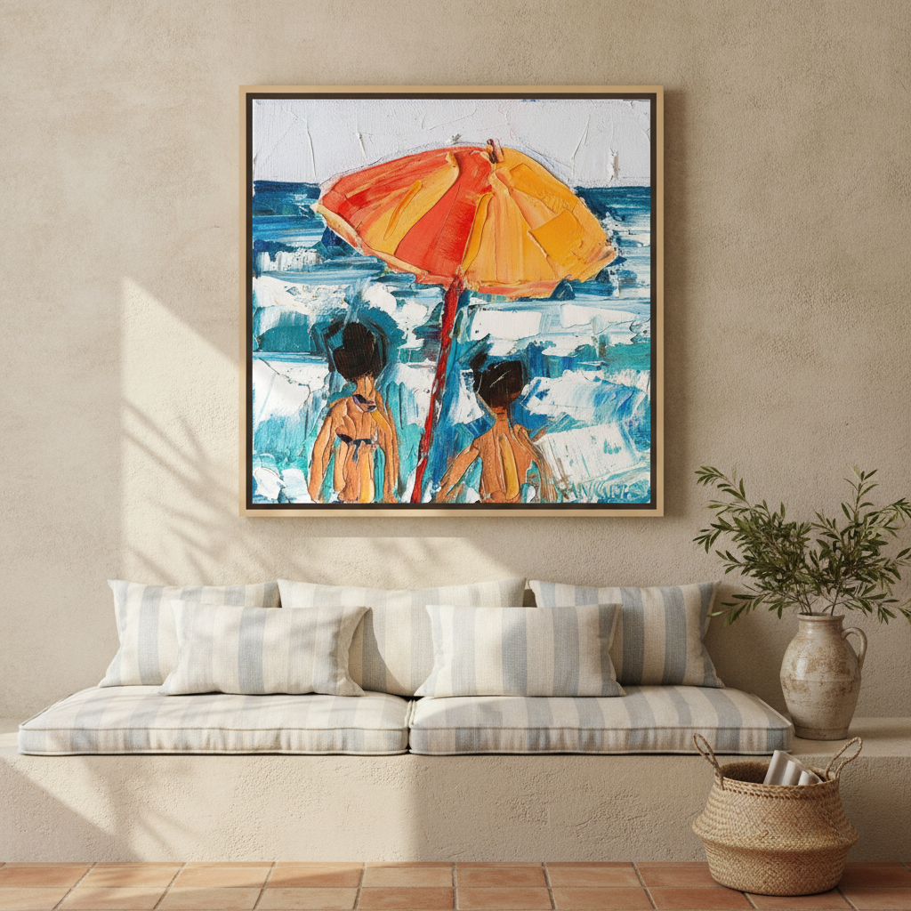 Oversized statement canvas wall art with a natural timber surround styled on the wall in a Mediterranean living room