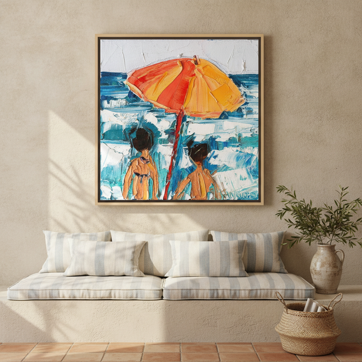 Oversized statement canvas wall art with a natural timber surround styled on the wall in a Mediterranean living room