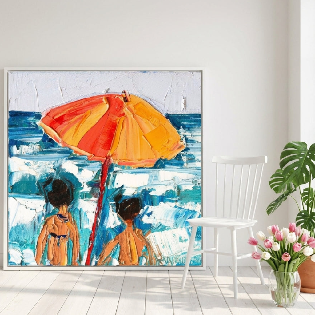 Oversized statement canvas wall art with a white surround leaning against the wall in a bright Scandinavian dining room
