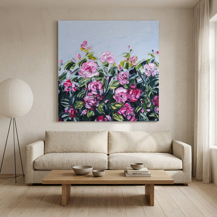 Stretched canvas wall art styled on the wall in a warm Japandi living room