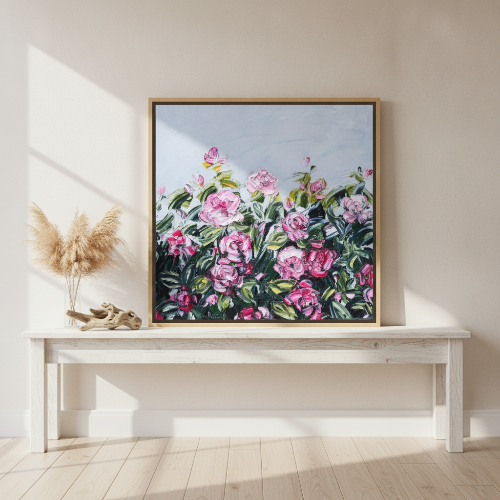 Canvas wall art with a natural timber surround standing on a console in a coastal bedroom