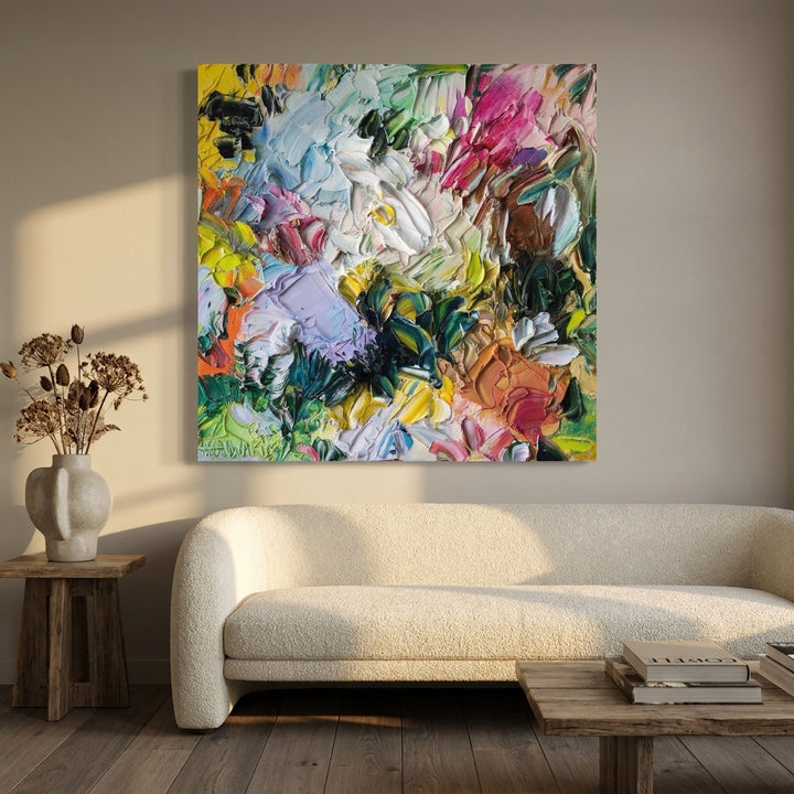 Stretched canvas wall art styled on the wall in a luxe living room