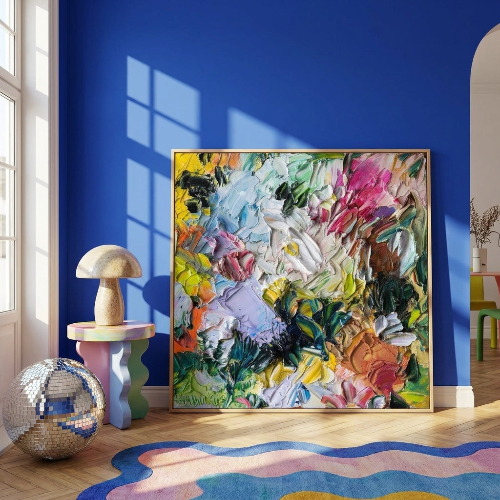 Oversized statement canvas wall art with a natural timber surround leaning against the wall in a colourful eclectic dining room