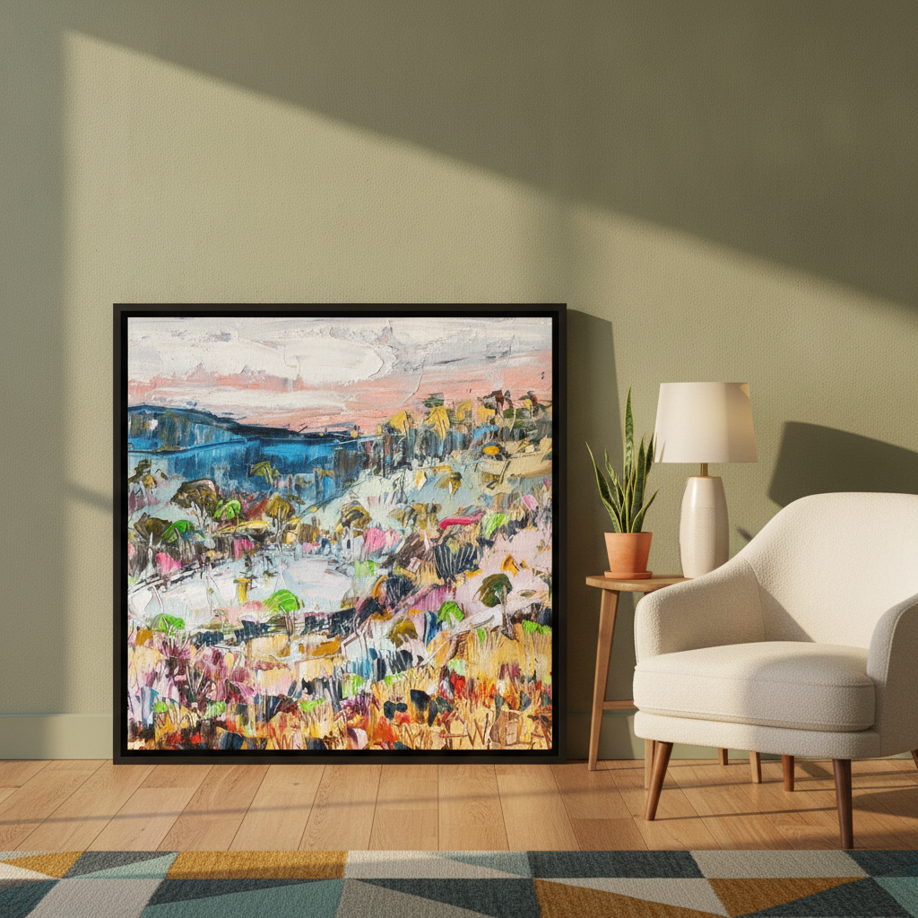 Canvas wall art with a black surround leaning against the wall in a mid-century home office