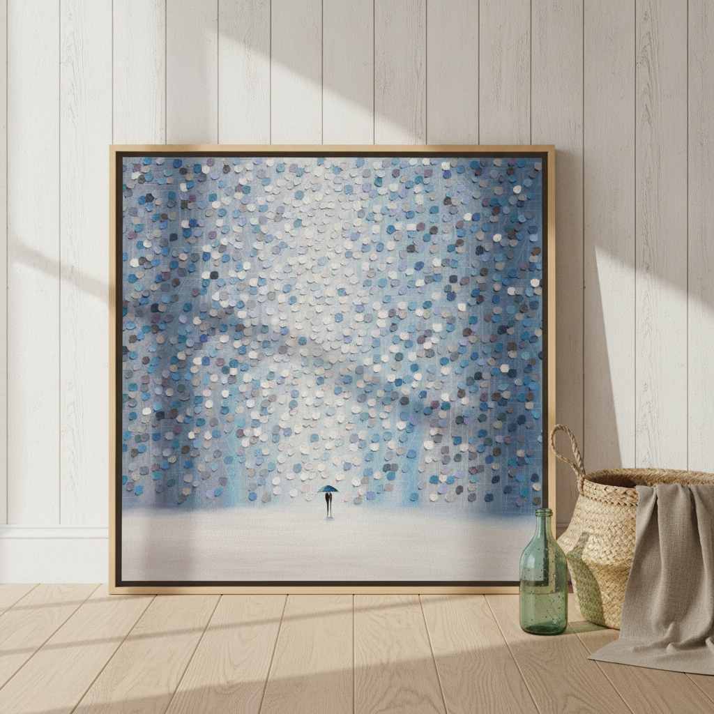 Oversized statement canvas wall art with a natural timber surround leaning against the wall in a coastal bedroom