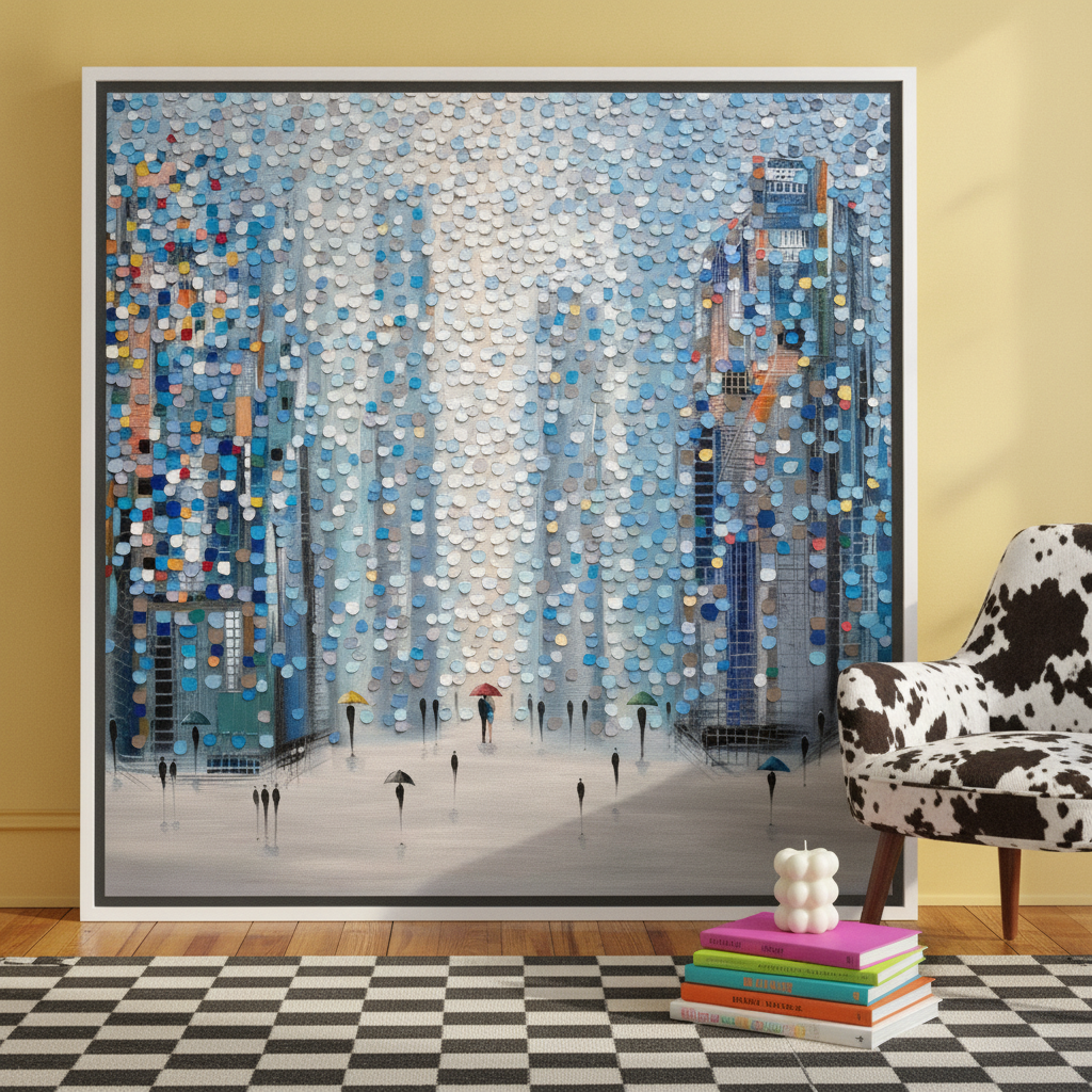 Canvas wall art with a white surround leaning against the wall in a colourful eclectic bedroom
