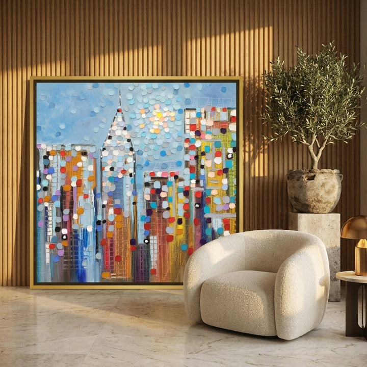 Canvas wall art with a gold leaf surround leaning against the wall in a luxe bedroom