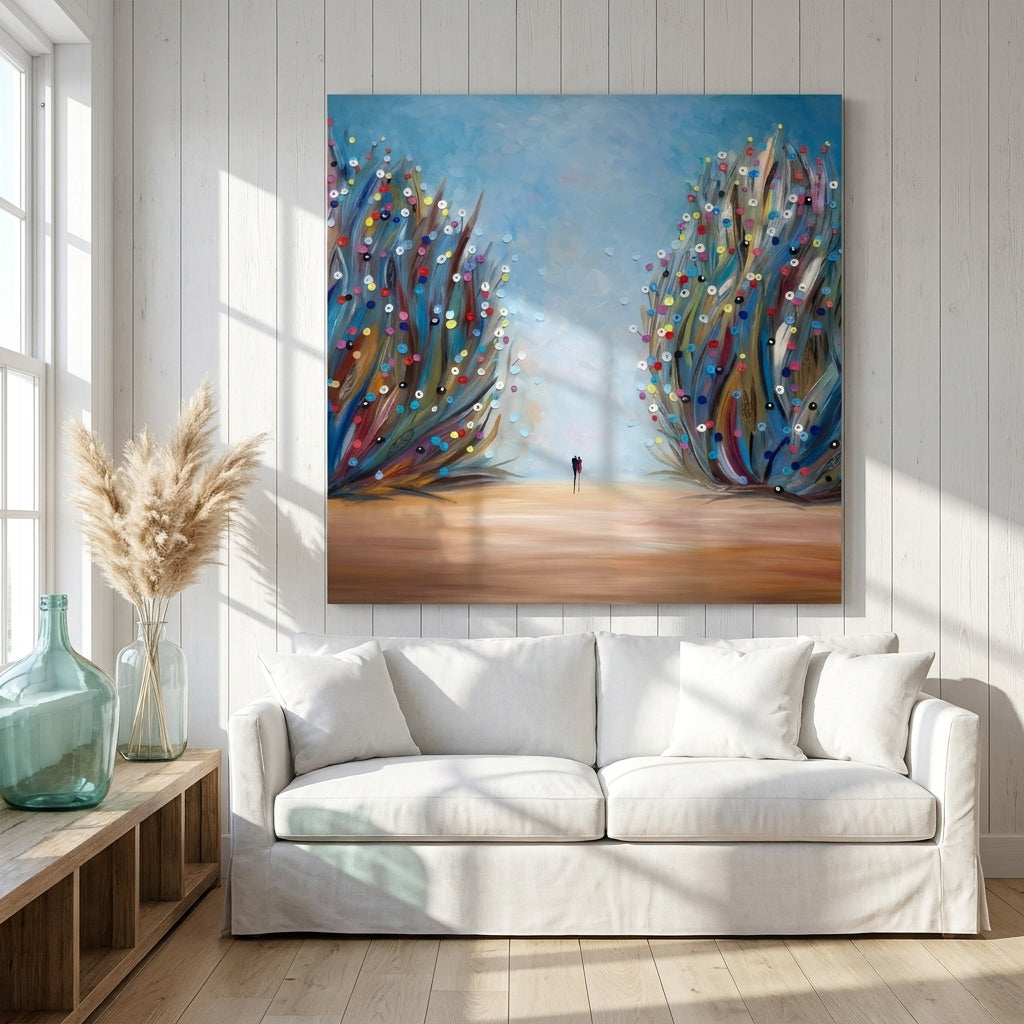 Stretched canvas wall art styled on the wall in a coastal living room