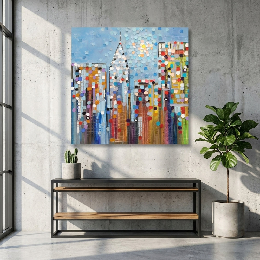 Stretched canvas wall art styled on the wall in an industrial loft living room