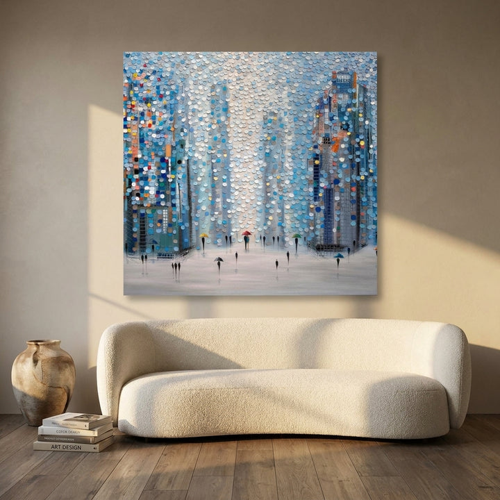 Stretched canvas wall art styled on the wall in a luxe living room