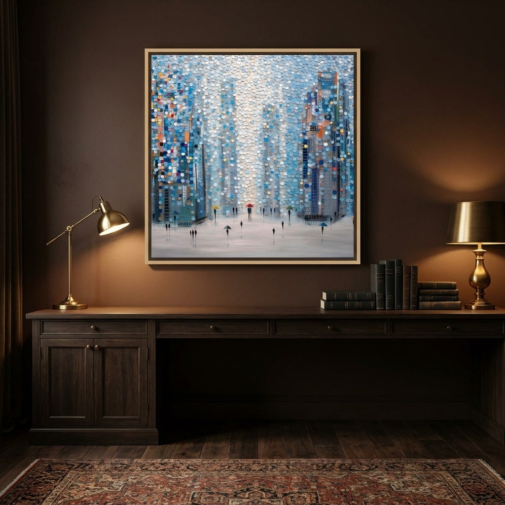 Canvas wall art with a natural timber surround styled on the wall in a moody home office